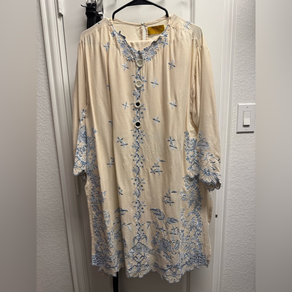 Cream and Blue Embroidered Kaftan